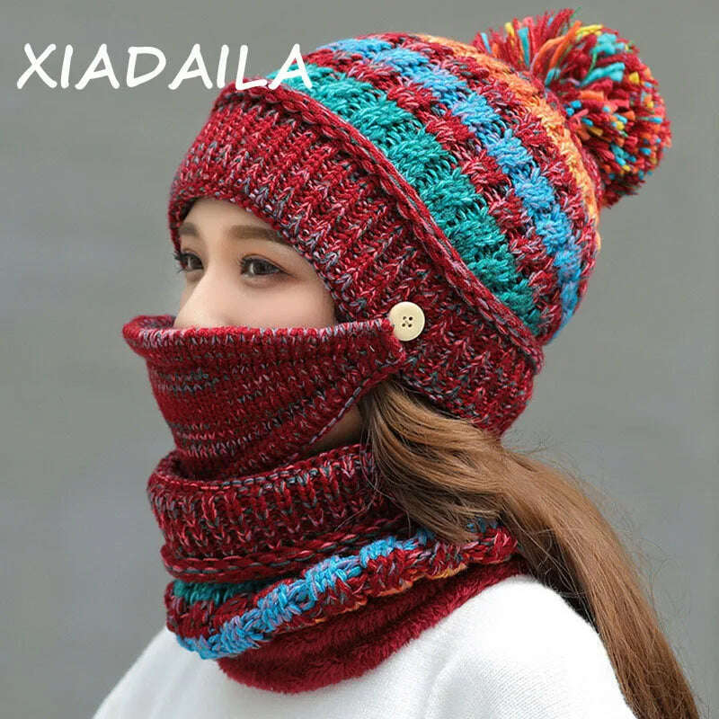 KIMLUD, 2020 Hat winter women&#39;s Mask balaclava Hat for girls Scarf Thick Warm Fleece Inside Knitted Hat Scarf Set 3pcs Winter Hats, A-Maroon, KIMLUD Women's Clothes