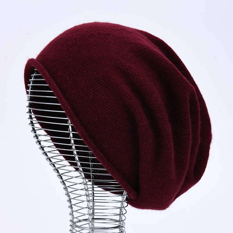 2020 New Cashmere Beanie Hat Women Winter Hats Crimping Wool Knitted Warm Skullies Beanies For Women Gorros Female Cap, Burgundy, KIMLUD Women's Clothes