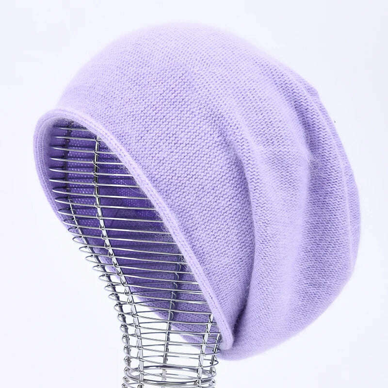 KIMLUD, 2020 New Cashmere Beanie Hat Women Winter Hats Crimping Wool Knitted Warm Skullies Beanies For Women Gorros Female Cap, Lavender, KIMLUD Womens Clothes