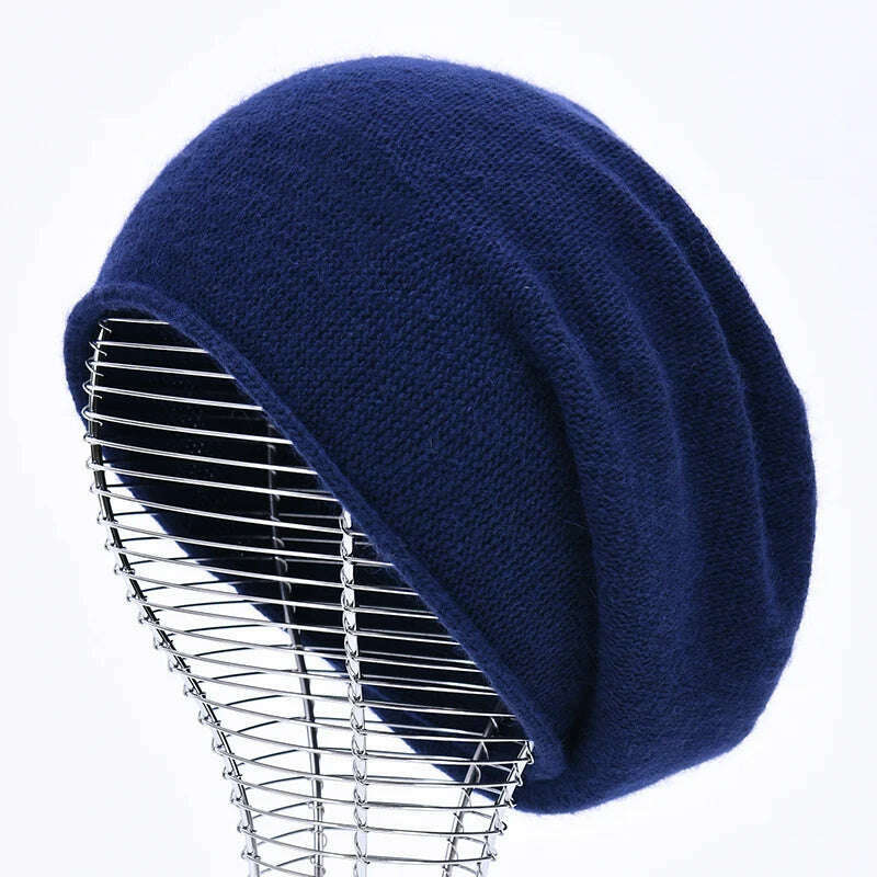 2020 New Cashmere Beanie Hat Women Winter Hats Crimping Wool Knitted Warm Skullies Beanies For Women Gorros Female Cap, Navy, KIMLUD Women's Clothes