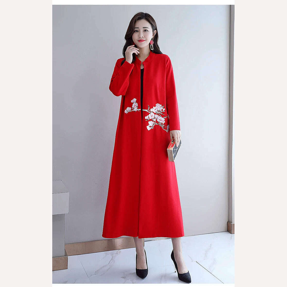 KIMLUD, 2020 New Chinese Style Women's Black Retro Embroidery Long Cardigan Long Trench Coat Spring Autumn Female Windbreaker тренч, KIMLUD Women's Clothes