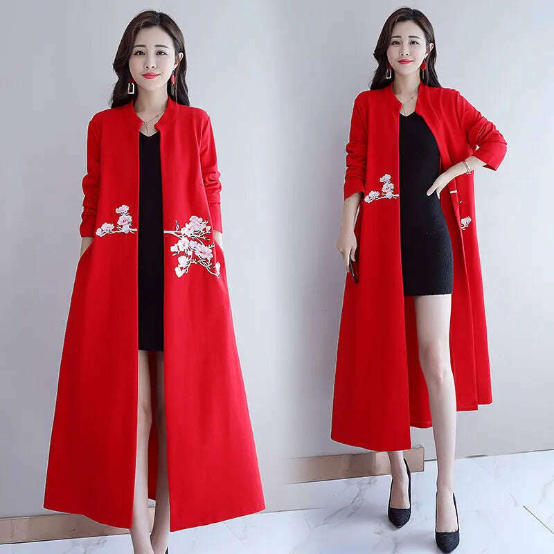 KIMLUD, 2020 New Chinese Style Women's Black Retro Embroidery Long Cardigan Long Trench Coat Spring Autumn Female Windbreaker тренч, KIMLUD Womens Clothes
