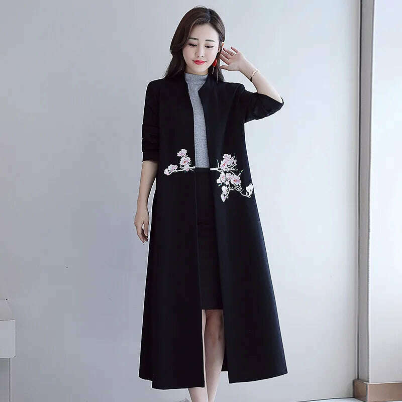 KIMLUD, 2020 New Chinese Style Women's Black Retro Embroidery Long Cardigan Long Trench Coat Spring Autumn Female Windbreaker тренч, KIMLUD Women's Clothes