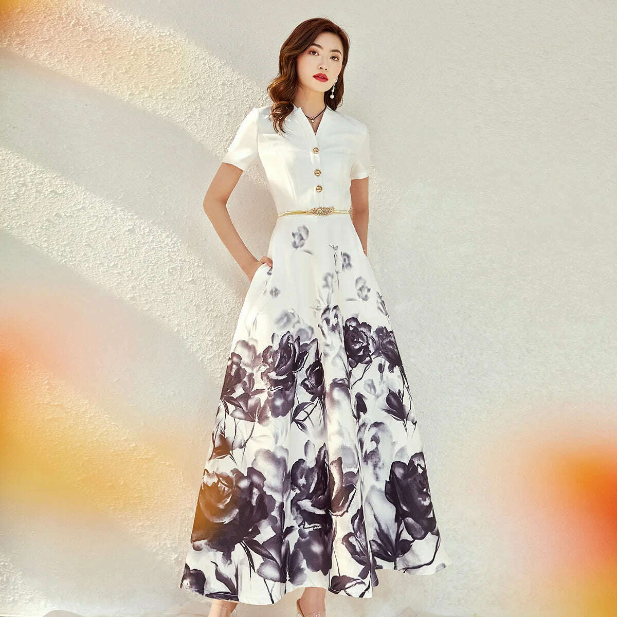 KIMLUD, 2020 New Spring and Autumn Women V Neck Retro Printed Super Long Dress Ladies Elegant Slim Hepburn Style Maxi Long Dresses, KIMLUD Womens Clothes