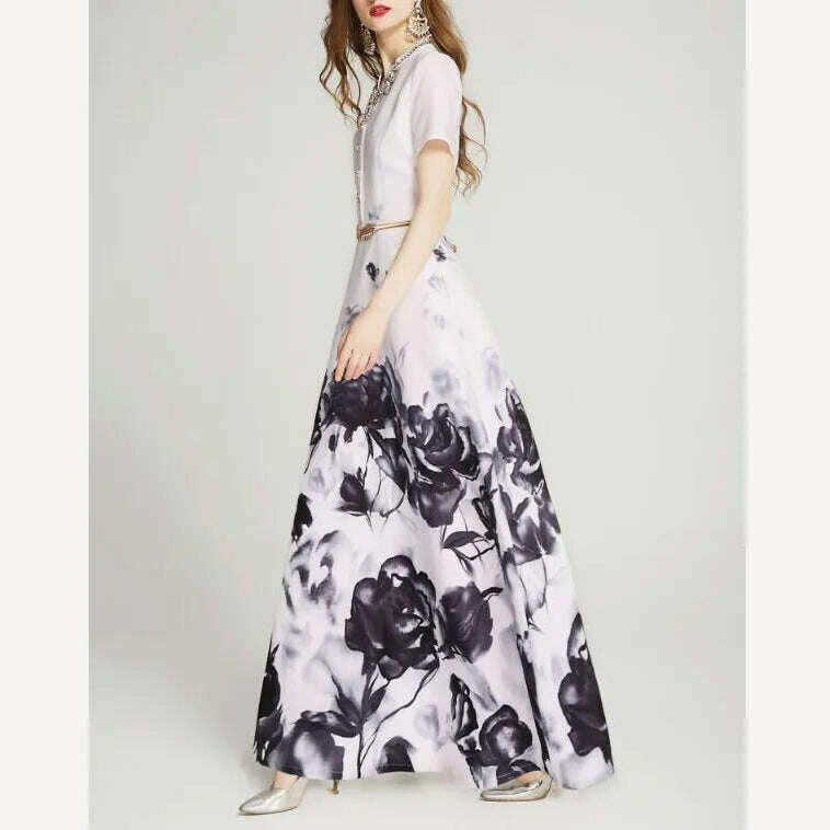 KIMLUD, 2020 New Spring and Autumn Women V Neck Retro Printed Super Long Dress Ladies Elegant Slim Hepburn Style Maxi Long Dresses, KIMLUD Women's Clothes