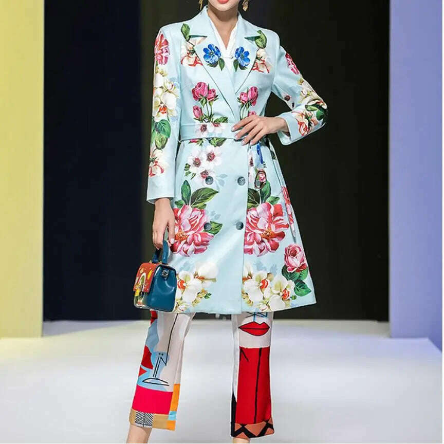 KIMLUD, 2021 Designer Summer Floral print Vintage Coat Outwear Women Long sleeve Belt Single Breasted Casual Overcoat, KIMLUD Women's Clothes