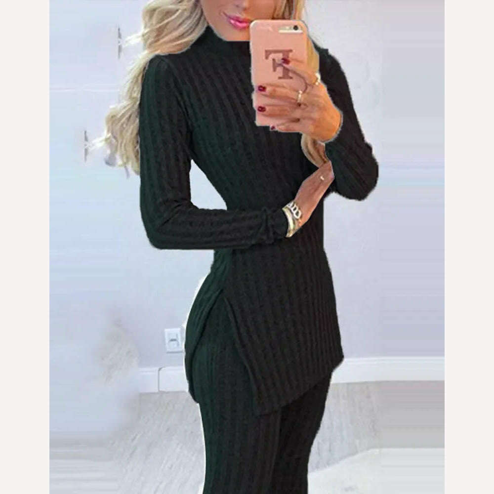 KIMLUD, 2021 Fall Winter Knitted 2 Piece Suits Women Long Sleeve Ribbed Slit Long Top and High Waist Pencil Pants Set Fashion Outfit, Black / S, KIMLUD Womens Clothes