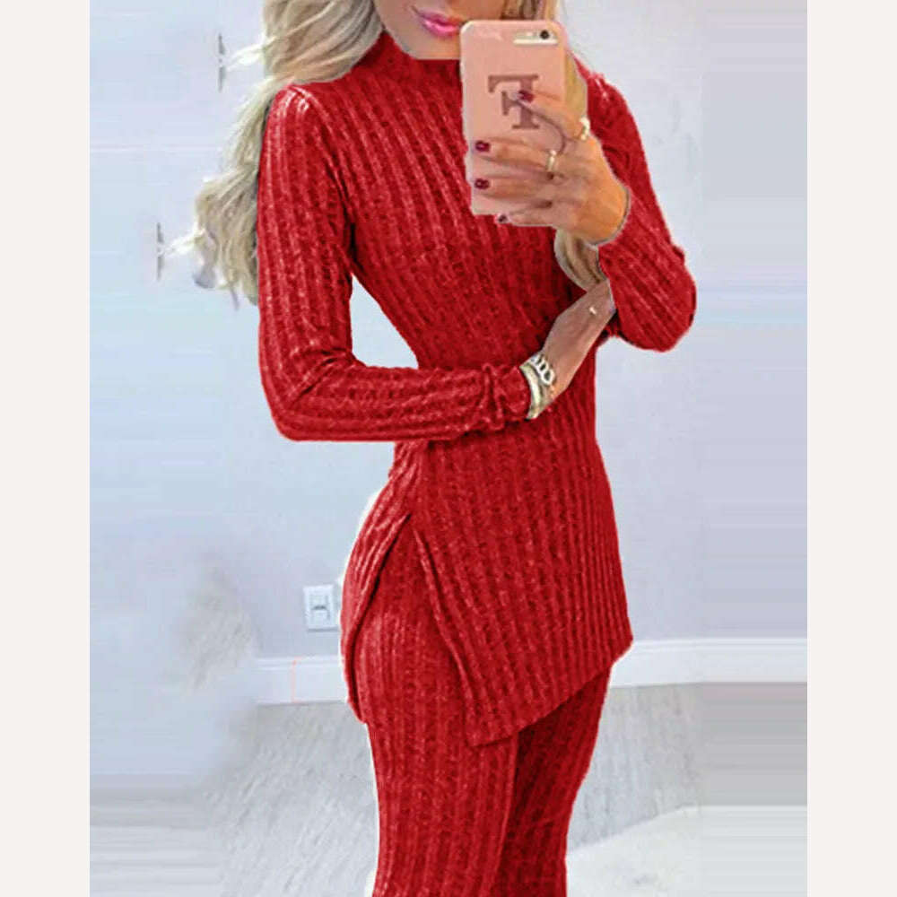 KIMLUD, 2021 Fall Winter Knitted 2 Piece Suits Women Long Sleeve Ribbed Slit Long Top and High Waist Pencil Pants Set Fashion Outfit, Red / S, KIMLUD Womens Clothes