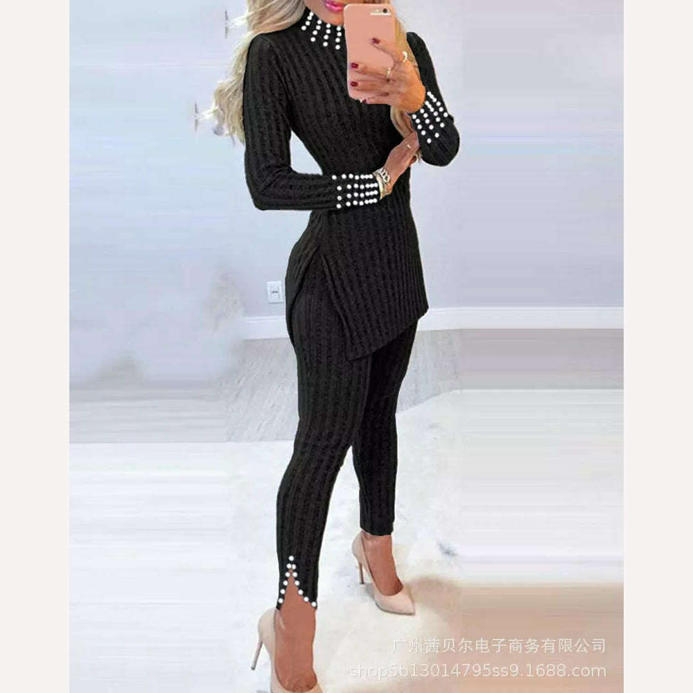 2021 Fall Winter Knitted 2 Piece Suits Women Long Sleeve Ribbed Slit Long Top and High Waist Pencil Pants Set Fashion Outfit, 4 / S, KIMLUD Women's Clothes