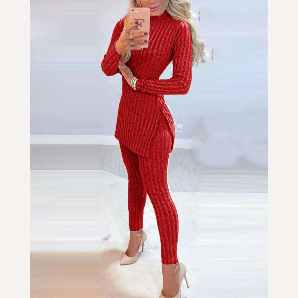 2021 Fall Winter Knitted 2 Piece Suits Women Long Sleeve Ribbed Slit Long Top and High Waist Pencil Pants Set Fashion Outfit, KIMLUD Women's Clothes