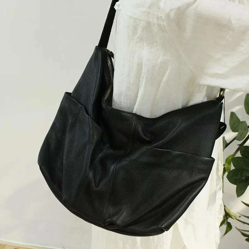 KIMLUD, 2021 First Layer Cowhide Crossbody Bag Female New Korean Version Large Bag Large Capacity Leisure Shoulder Bag, Black / (30cm<Max Length<50cm) / CHINA, KIMLUD Women's Clothes