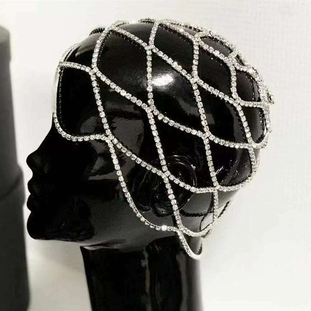 KIMLUD, 2021 Hollow Rhinestone Mesh Headpiece Wedding Head Chain Jewelry for Women Luxury Crystal Headband Head Cap Hat Hair Accessories, KIMLUD Womens Clothes