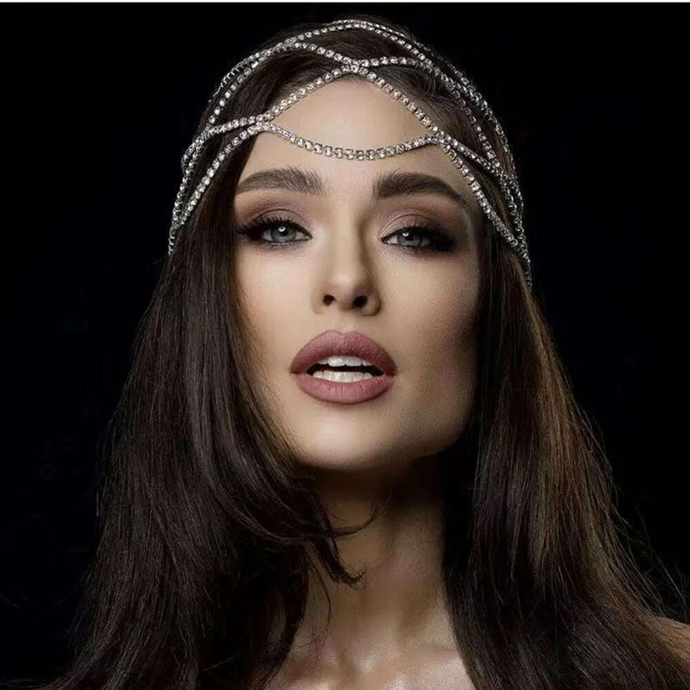 KIMLUD, 2021 Hollow Rhinestone Mesh Headpiece Wedding Head Chain Jewelry for Women Luxury Crystal Headband Head Cap Hat Hair Accessories, KIMLUD Womens Clothes