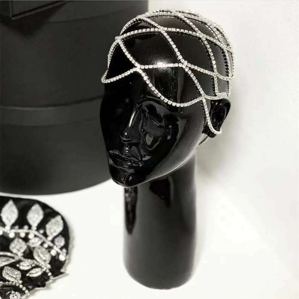 KIMLUD, 2021 Hollow Rhinestone Mesh Headpiece Wedding Head Chain Jewelry for Women Luxury Crystal Headband Head Cap Hat Hair Accessories, KIMLUD Womens Clothes