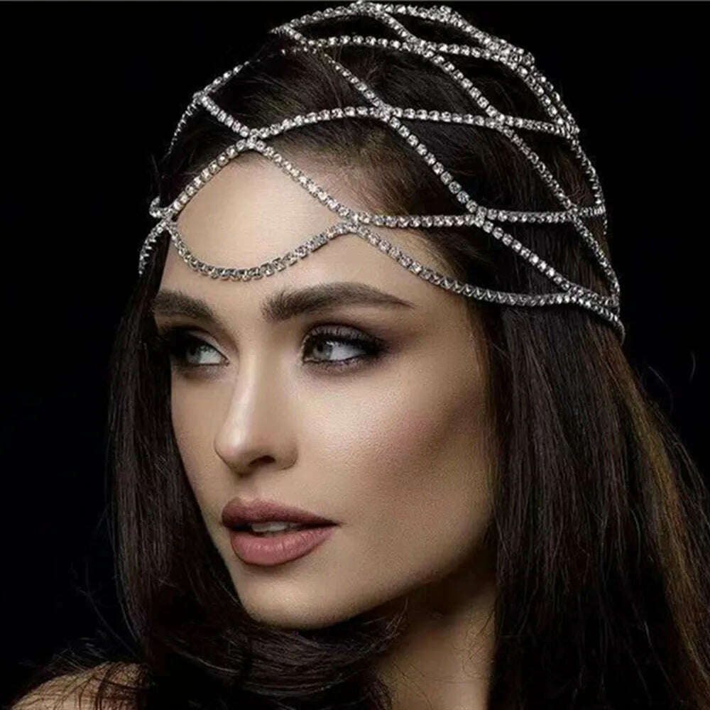 KIMLUD, 2021 Hollow Rhinestone Mesh Headpiece Wedding Head Chain Jewelry for Women Luxury Crystal Headband Head Cap Hat Hair Accessories, Mesh Hat / Gold, KIMLUD APPAREL - Womens Clothes