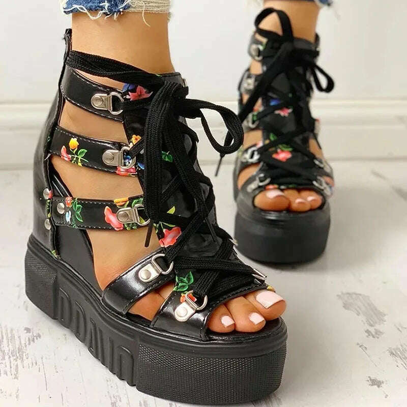 2021 Hot Sale Women&#39;s New Summer Sandals Floral Wedge High Heels Cross Straps Lace-up Increase 12cm Fashion Casual Shoes Ladies, KIMLUD Women's Clothes
