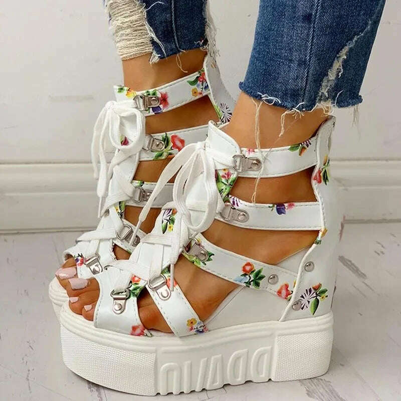 KIMLUD, 2021 Hot Sale Women&#39;s New Summer Sandals Floral Wedge High Heels Cross Straps Lace-up Increase 12cm Fashion Casual Shoes Ladies, white / 35, KIMLUD Women's Clothes