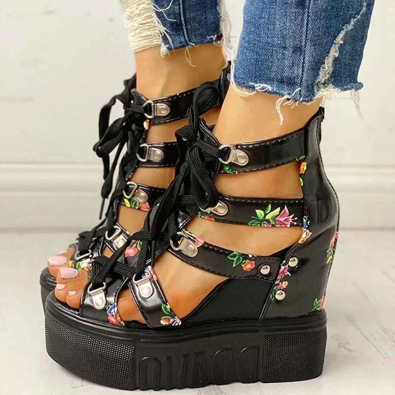 KIMLUD, 2021 Hot Sale Women&#39;s New Summer Sandals Floral Wedge High Heels Cross Straps Lace-up Increase 12cm Fashion Casual Shoes Ladies, black / 35, KIMLUD Womens Clothes