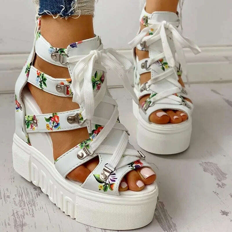 KIMLUD, 2021 Hot Sale Women&#39;s New Summer Sandals Floral Wedge High Heels Cross Straps Lace-up Increase 12cm Fashion Casual Shoes Ladies, KIMLUD Womens Clothes