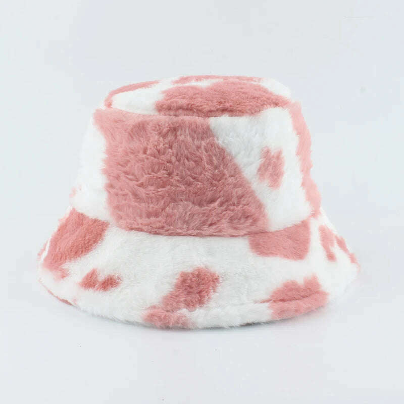 KIMLUD, 2021 New Fashion Korean Pink Cow Print Bucket Hat Faux Fur Winter Hats For Women Warm Plush Fisherman Caps, B pink cow print, KIMLUD Womens Clothes
