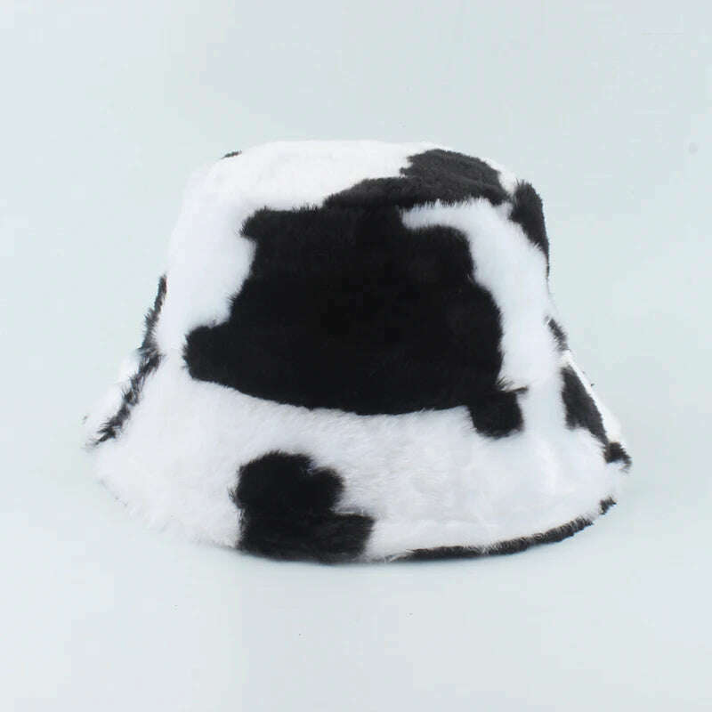 KIMLUD, 2021 New Fashion Korean Pink Cow Print Bucket Hat Faux Fur Winter Hats For Women Warm Plush Fisherman Caps, B black cow print, KIMLUD Women's Clothes