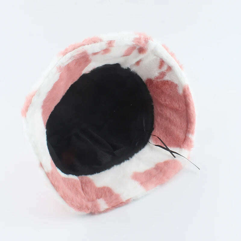 KIMLUD, 2021 New Fashion Korean Pink Cow Print Bucket Hat Faux Fur Winter Hats For Women Warm Plush Fisherman Caps, KIMLUD Women's Clothes