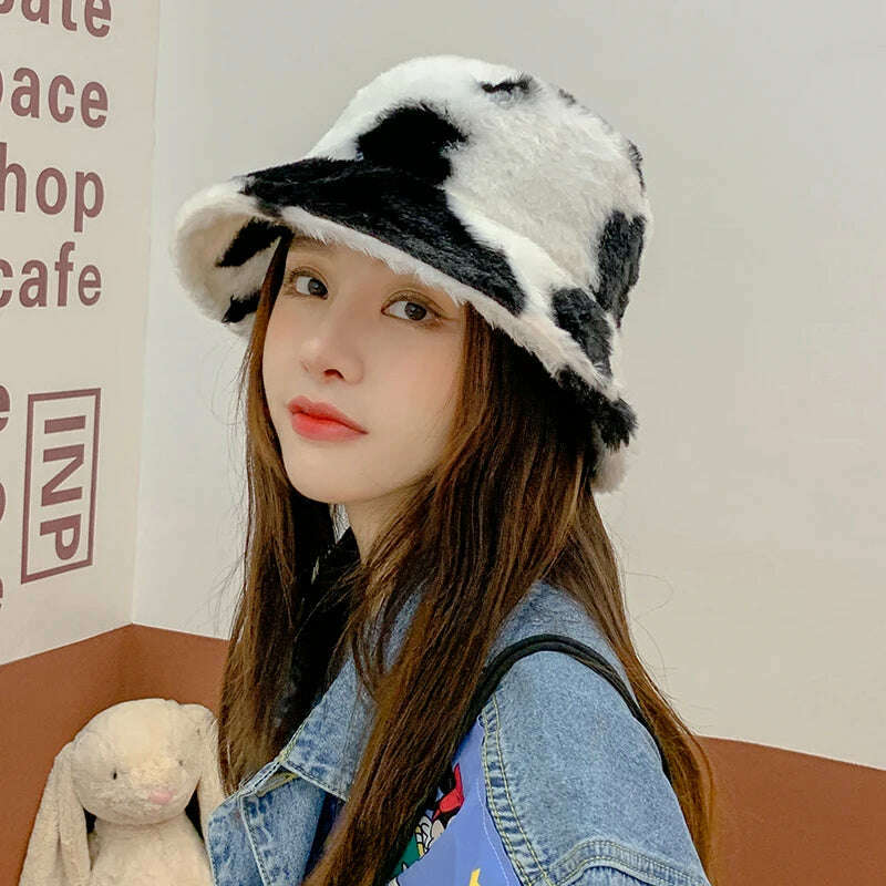 KIMLUD, 2021 New Fashion Korean Pink Cow Print Bucket Hat Faux Fur Winter Hats For Women Warm Plush Fisherman Caps, KIMLUD Womens Clothes
