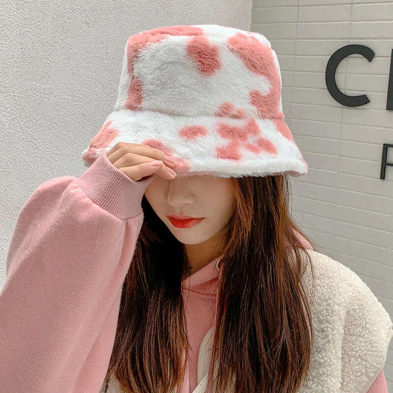 KIMLUD, 2021 New Fashion Korean Pink Cow Print Bucket Hat Faux Fur Winter Hats For Women Warm Plush Fisherman Caps, KIMLUD Womens Clothes