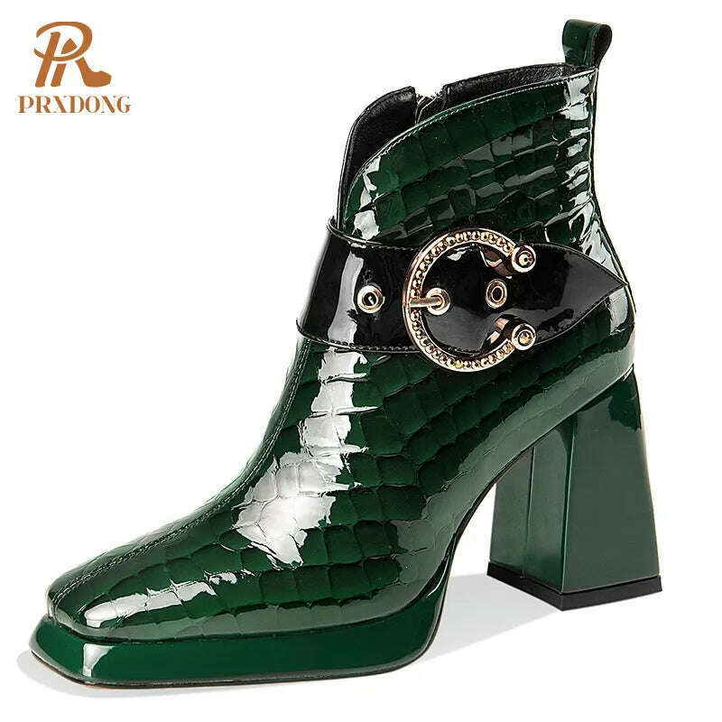 KIMLUD, 2021 New High Quality Genuine Leather Women's Boots Ladies Ankle Boots High Heels Buckle Platform Shoes for Female Autumn Winter, green in leather / 34 / China, KIMLUD Womens Clothes