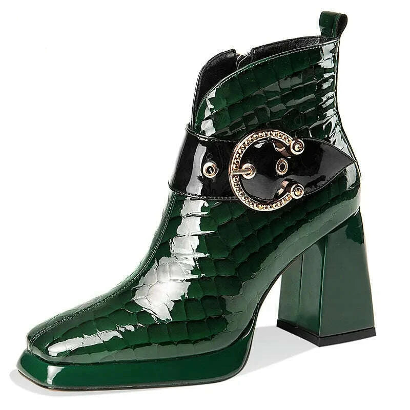 KIMLUD, 2021 New High Quality Genuine Leather Women's Boots Ladies Ankle Boots High Heels Buckle Platform Shoes for Female Autumn Winter, green in leather / 34 / China, KIMLUD Womens Clothes