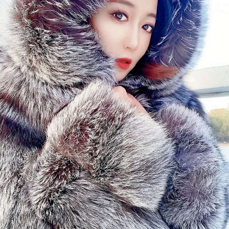 2021 New Luxury Silver Fox Fur Hooded Coats Women Winter Warm Outerwear High Quality Genuine Fox Fur Thick Fur Coat, KIMLUD Women's Clothes