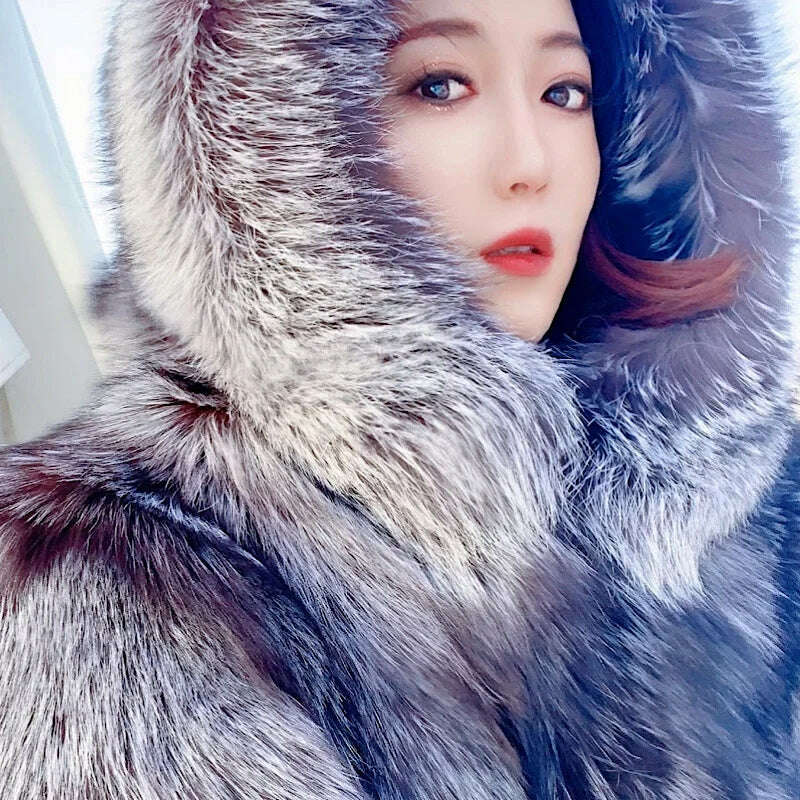 KIMLUD, 2021 New Luxury Silver Fox Fur Hooded Coats Women Winter Warm Outerwear High Quality Genuine Fox Fur Thick Fur Coat, KIMLUD Womens Clothes