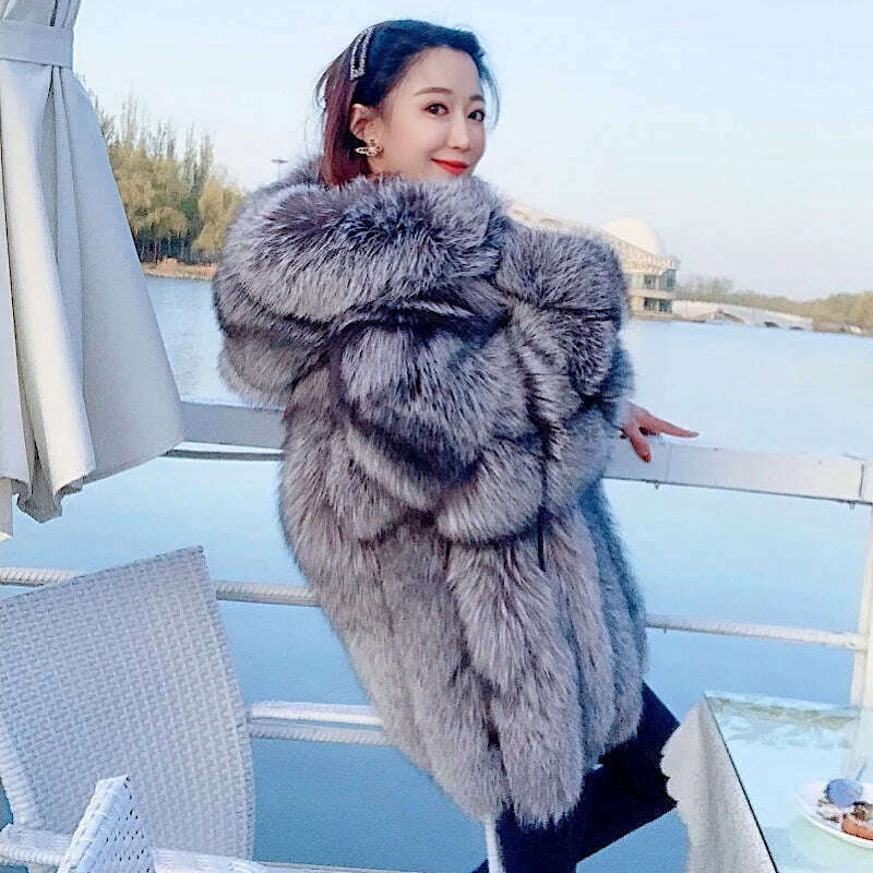 KIMLUD, 2021 New Luxury Silver Fox Fur Hooded Coats Women Winter Warm Outerwear High Quality Genuine Fox Fur Thick Fur Coat, KIMLUD Womens Clothes