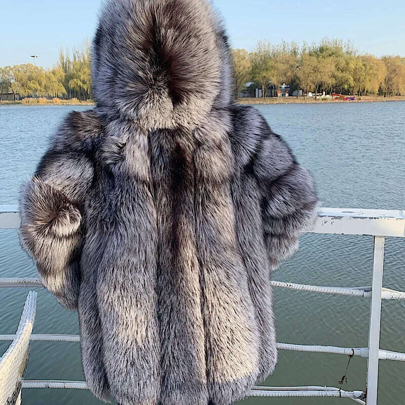 KIMLUD, 2021 New Luxury Silver Fox Fur Hooded Coats Women Winter Warm Outerwear High Quality Genuine Fox Fur Thick Fur Coat, KIMLUD Womens Clothes