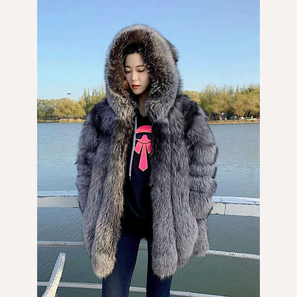 KIMLUD, 2021 New Luxury Silver Fox Fur Hooded Coats Women Winter Warm Outerwear High Quality Genuine Fox Fur Thick Fur Coat, Silver / S / CHINA, KIMLUD Womens Clothes