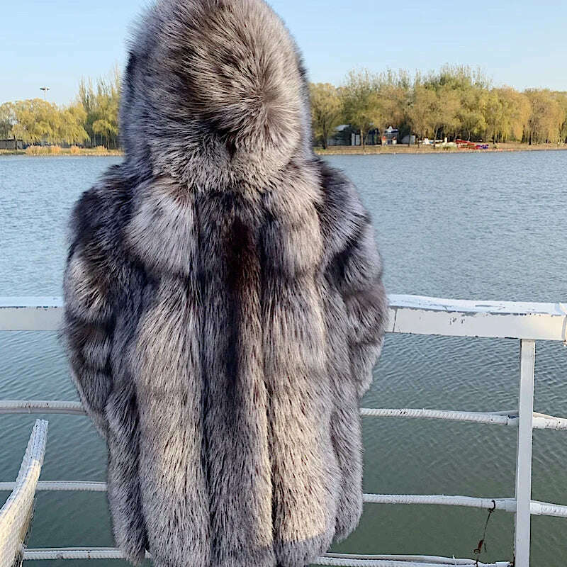 KIMLUD, 2021 New Luxury Silver Fox Fur Hooded Coats Women Winter Warm Outerwear High Quality Genuine Fox Fur Thick Fur Coat, KIMLUD Women's Clothes