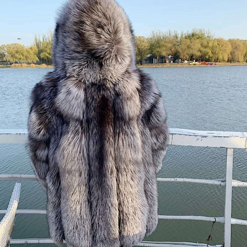 KIMLUD, 2021 New Luxury Silver Fox Fur Hooded Coats Women Winter Warm Outerwear High Quality Genuine Fox Fur Thick Fur Coat, KIMLUD Womens Clothes