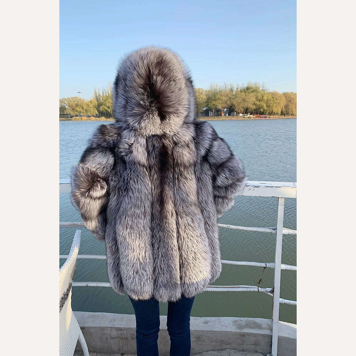 KIMLUD, 2021 New Luxury Silver Fox Fur Hooded Coats Women Winter Warm Outerwear High Quality Genuine Fox Fur Thick Fur Coat, KIMLUD Women's Clothes