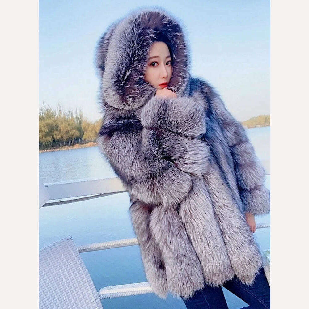 KIMLUD, 2021 New Luxury Silver Fox Fur Hooded Coats Women Winter Warm Outerwear High Quality Genuine Fox Fur Thick Fur Coat, KIMLUD Womens Clothes