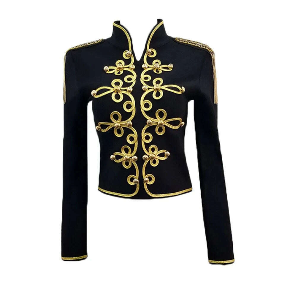 2021 New Winter Autumn Fashion Women's Bandage Jacket Long Sleeve Casual Sexy Black Night Club Party Coat Outwear Female Golden - KIMLUD