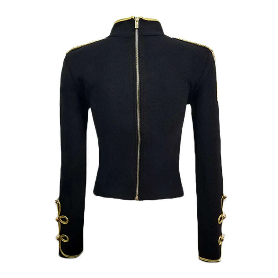 2021 New Winter Autumn Fashion Women's Bandage Jacket Long Sleeve Casual Sexy Black Night Club Party Coat Outwear Female Golden - KIMLUD