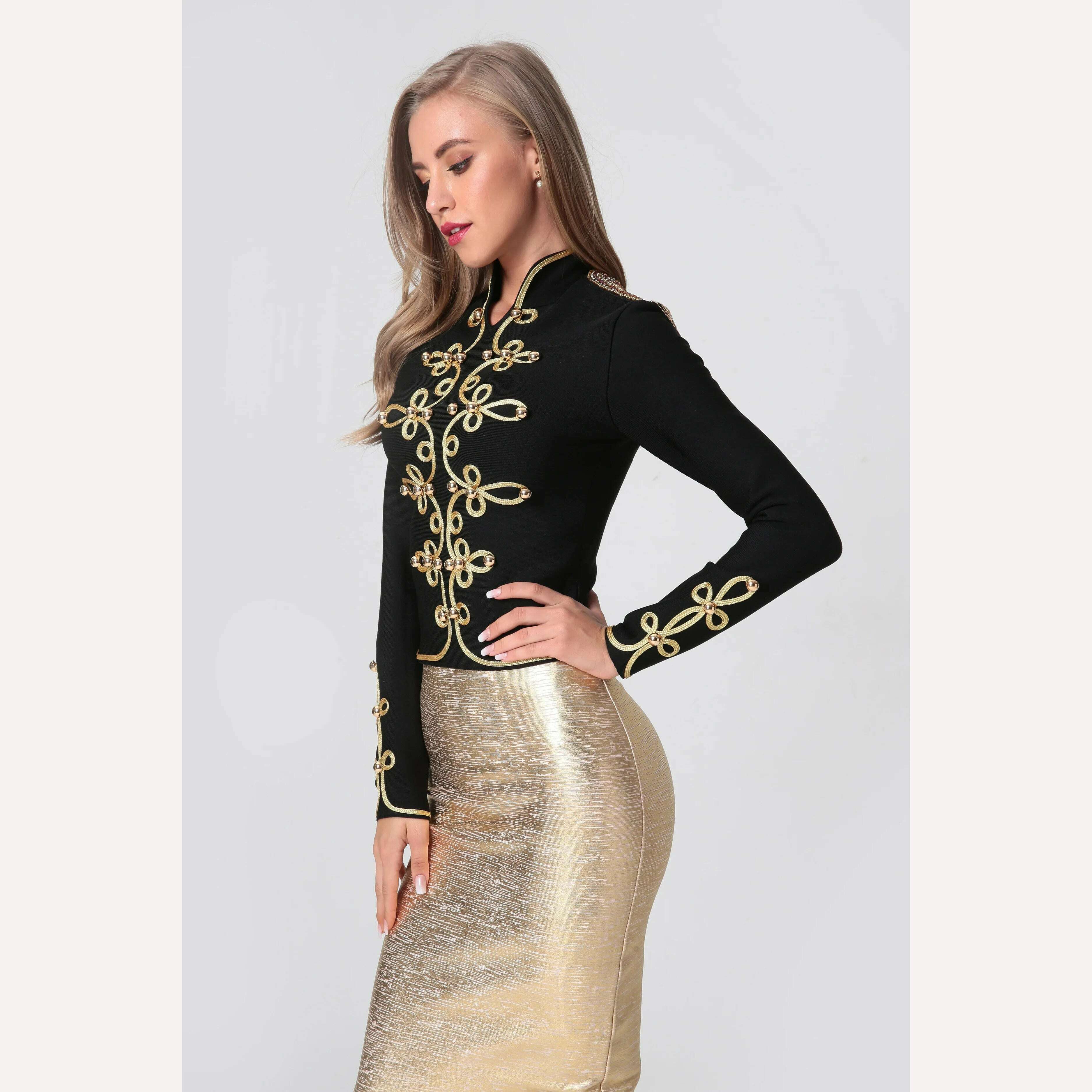 2021 New Winter Autumn Fashion Women's Bandage Jacket Long Sleeve Casual Sexy Black Night Club Party Coat Outwear Female Golden - KIMLUD