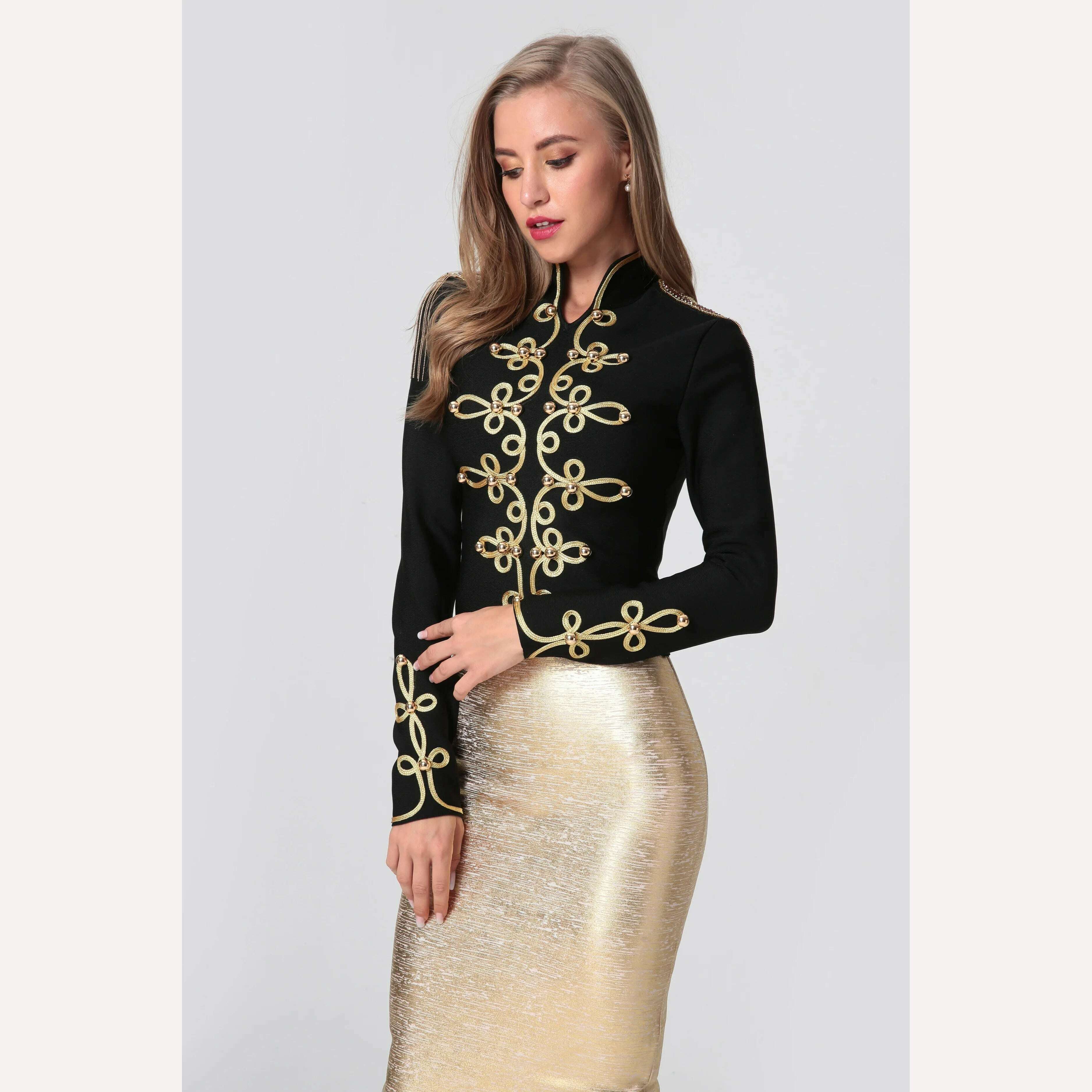 2021 New Winter Autumn Fashion Women's Bandage Jacket Long Sleeve Casual Sexy Black Night Club Party Coat Outwear Female Golden - KIMLUD