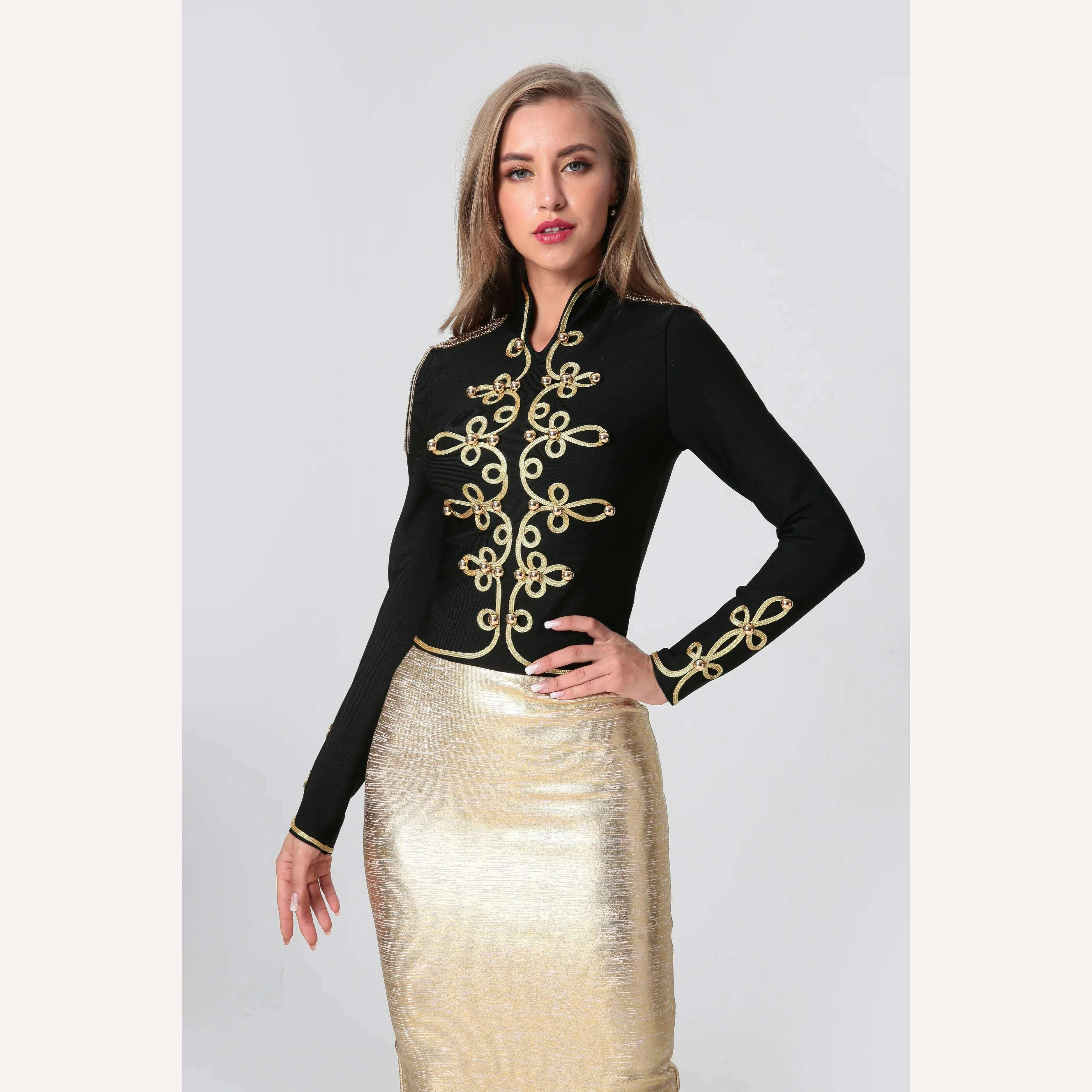 2021 New Winter Autumn Fashion Women's Bandage Jacket Long Sleeve Casual Sexy Black Night Club Party Coat Outwear Female Golden - KIMLUD
