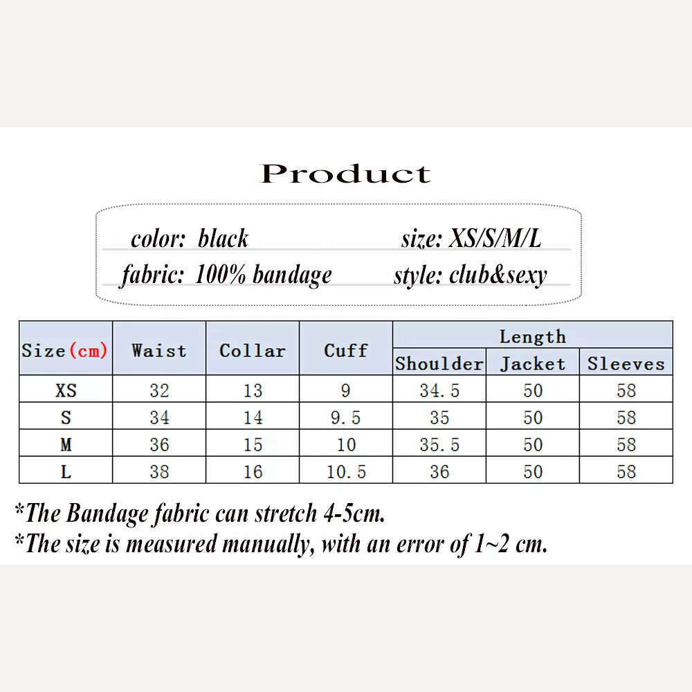 2021 New Winter Autumn Fashion Women's Bandage Jacket Long Sleeve Casual Sexy Black Night Club Party Coat Outwear Female Golden - KIMLUD