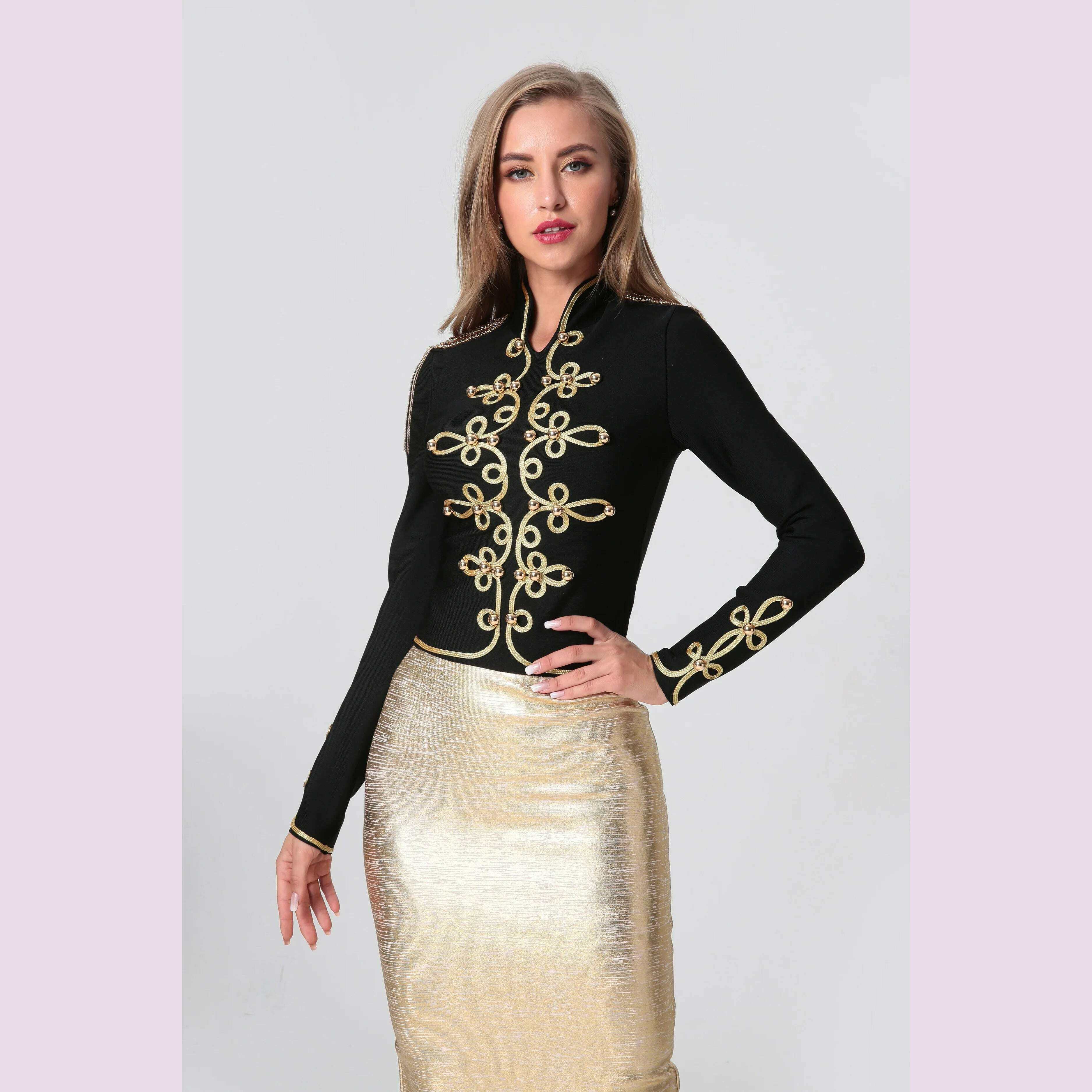 KIMLUD, 2021 New Winter Autumn Fashion Women's Bandage Jacket Long Sleeve Casual Sexy Black Night Club Party Coat Outwear Female Golden, KIMLUD Womens Clothes