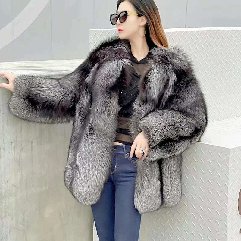 2021 New winter Fur Coat Women's Silver Fox Fur Coat High quality Fashion Natural Real fur Jacket, KIMLUD Women's Clothes