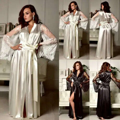 2021 Sexy Lingerie Women Silk Lace Long Robe Dress Pajamas Nightdress Nightgown Sleepwear - KIMLUD