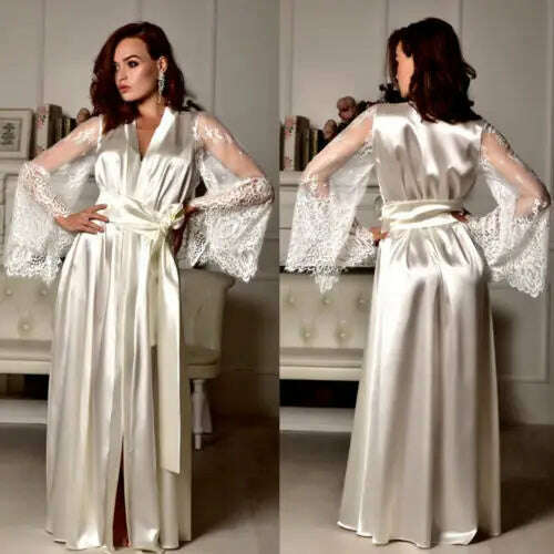 2021 Sexy Lingerie Women Silk Lace Long Robe Dress Pajamas Nightdress Nightgown Sleepwear - KIMLUD