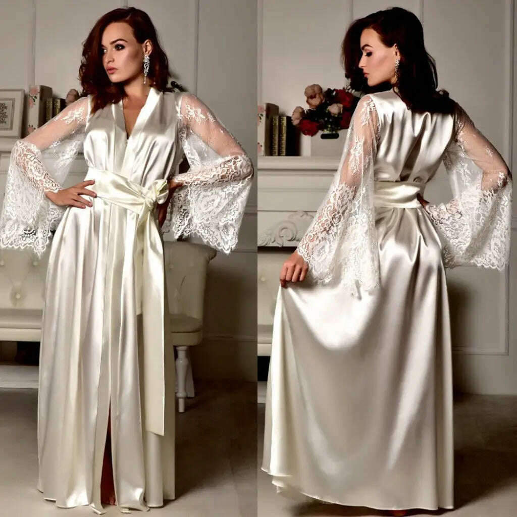 2021 Sexy Lingerie Women Silk Lace Long Robe Dress Pajamas Nightdress Nightgown Sleepwear - KIMLUD